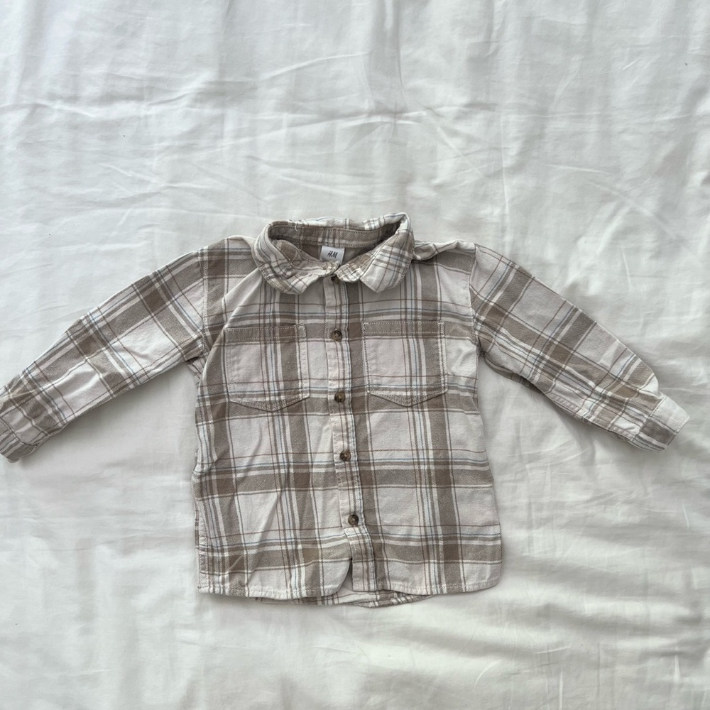 Like New - H&M Kids Plaid Button Down Shirt - Beige & White